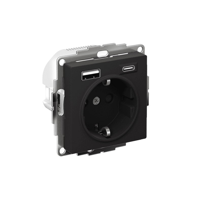 Розетка AtlasDesign 16А с 2-мя заряд. устройствами USB тип A+C 5В/2.4А 2х5В/1.2А механизм карбон SE ATN001032