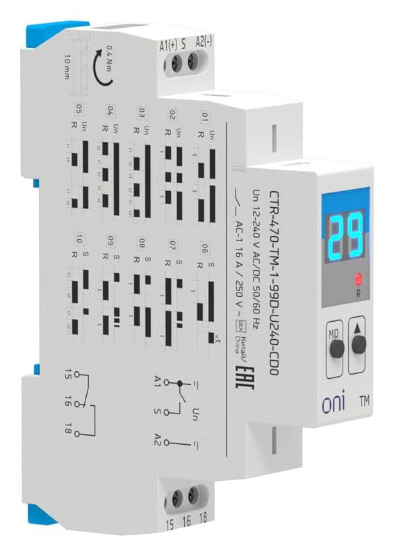 Реле времени многофункц. TM дисплей 1 контакт 12-240В AC/DC ONI CTR-470-TM-1-99D-U240-CD0