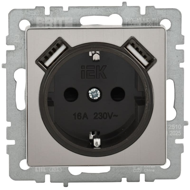 Розетка 1-м СП BRITE РЮш10-1-БрГН 16А IP20 с USB A+A 2.1А с заземл. защ. шторки механизм метал. хром/никель IEK BR-R14-16-U21-D21-M-K23