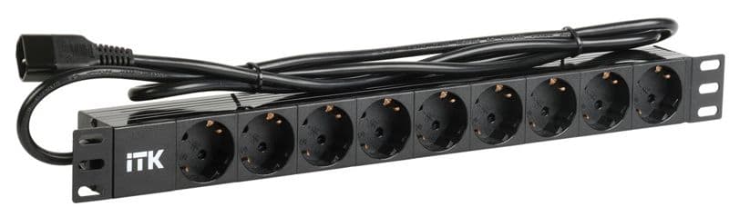 Блок розеток 9 мест PDU (немец. станд.) DIN 49440 алюм. профиль 1U шнур 2м; вилка IEC 320 C14; черн. ITK PH22-9D2