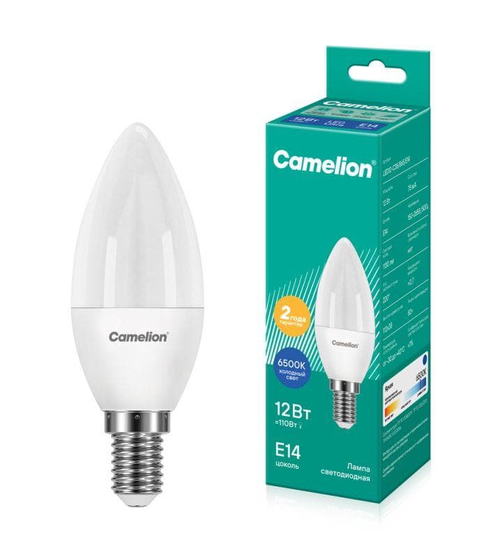 Лампа светодиодная LED12-C35/865/E14 12Вт свеча матовая 6500К холод. бел. E14 170-265В Camelion 13691