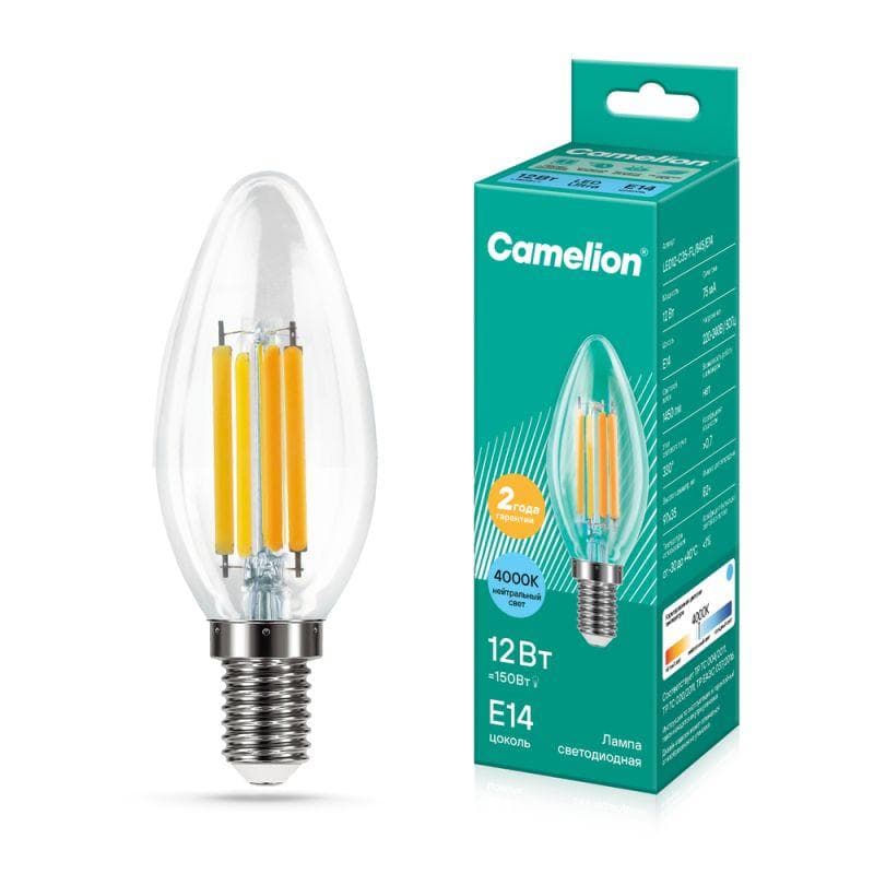Лампа светодиодная филаментная LED12-C35-FL/845/E14 12Вт свеча прозрачная 4500К бел. E14 220-240В Camelion 13709