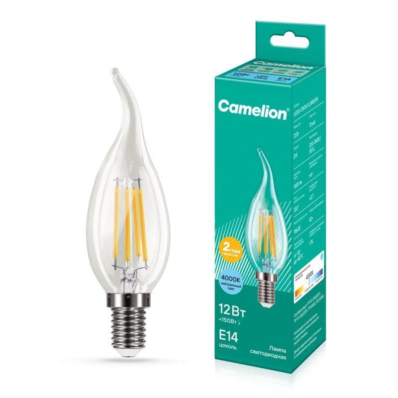 Лампа светодиодная филаментная LED12-CW35-FL/845/E14 12Вт свеча прозрачная 4500К бел. E14 220-240В Camelion 13711