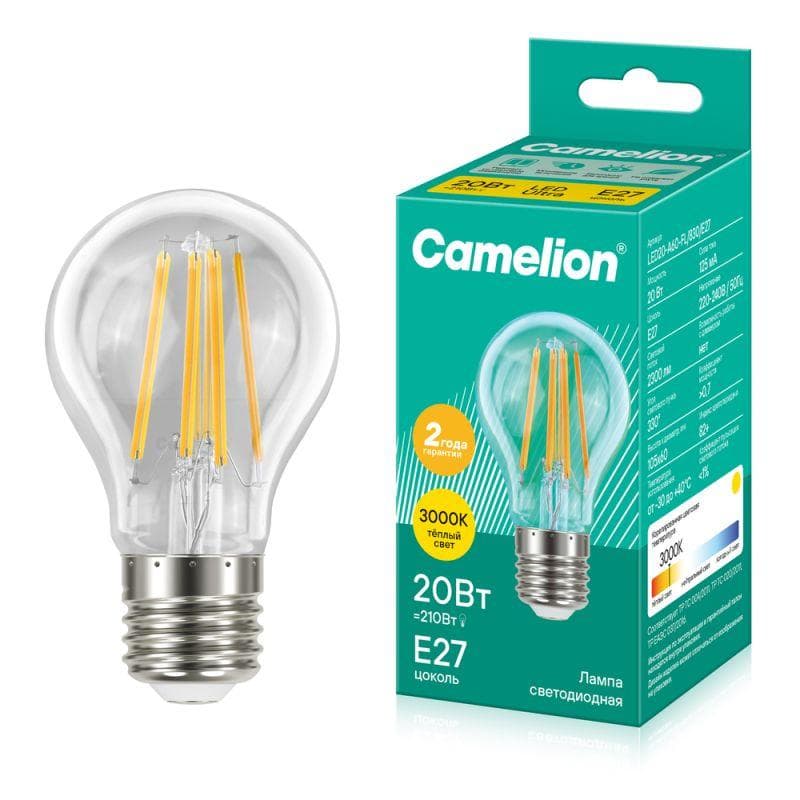 Лампа светодиодная филаментная LED20-A60-FL/830/E27 20Вт грушевидная прозрачная 3000К тепл. бел. E27 220-240В Camelion 13718