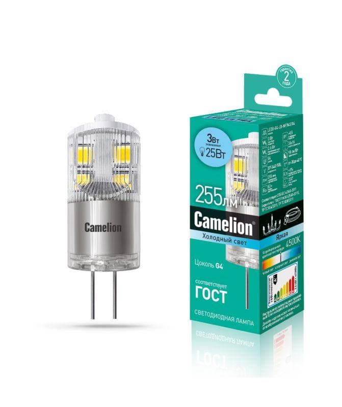 Лампа светодиодная LED3-G4-JD-NF/845/G4 3Вт капсульная прозрачная 4500К бел. G4 170-265В Camelion 13863