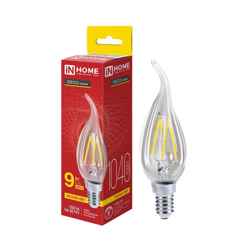 Лампа светодиодная LED-СВЕЧА НА ВЕТРУ-deco 9Вт свеча на ветру прозрачная 3000К тепл. бел. E14 1040лм 230В IN HOME 4690612026220