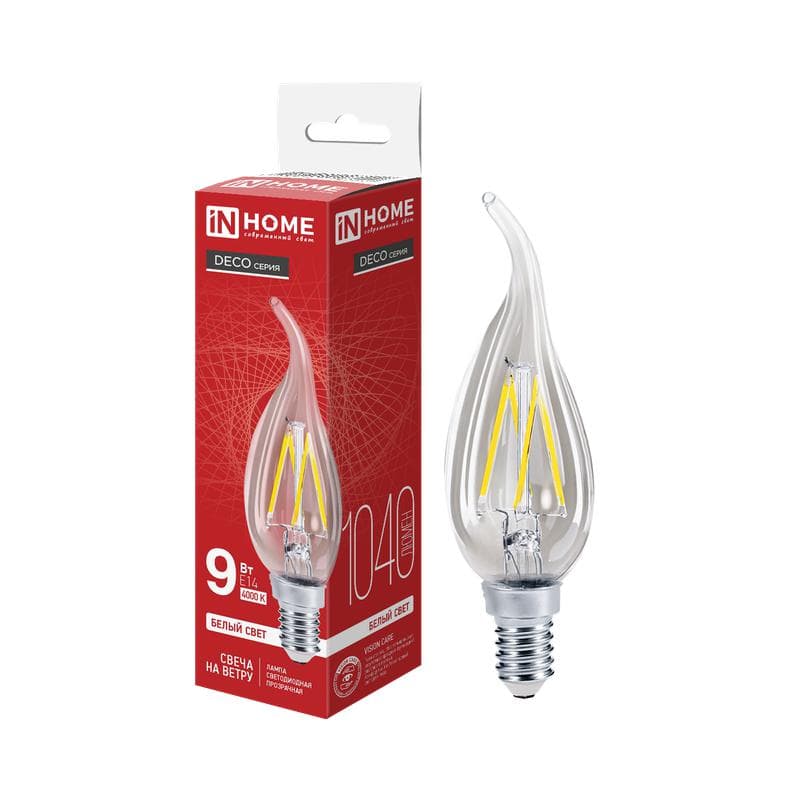 Лампа светодиодная LED-СВЕЧА НА ВЕТРУ-deco 9Вт свеча на ветру прозрачная 4000К нейтр. бел. E14 1040лм 230В IN HOME 4690612026244