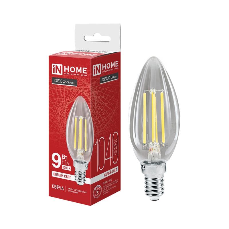 Лампа светодиодная LED-СВЕЧА-deco 9Вт свеча прозрачная 4000К нейтр. бел. E14 1040лм 230В IN HOME 4690612026206