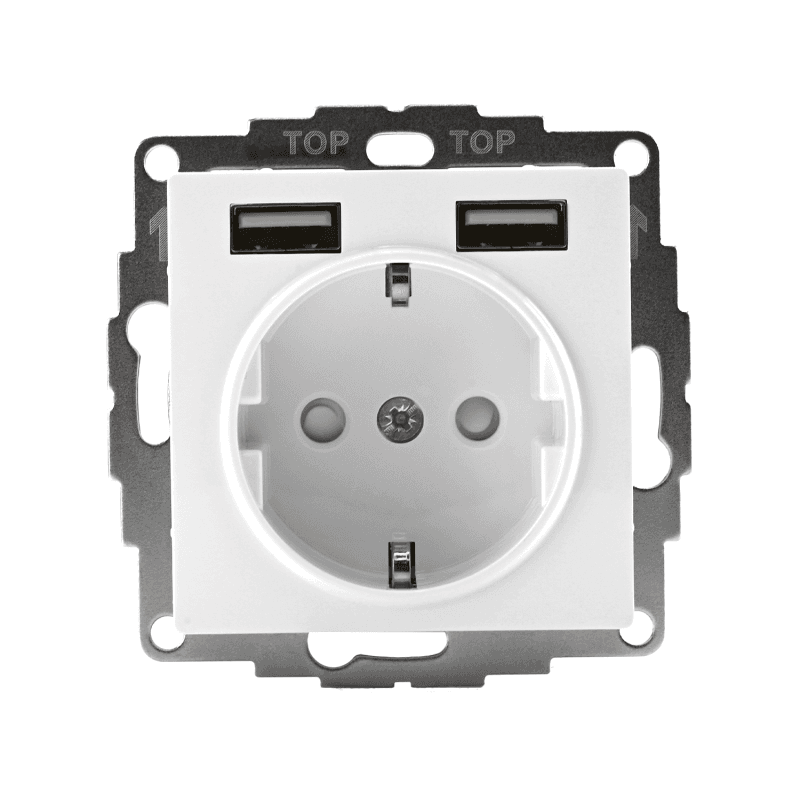 Розетка 1-м СП AtlasDesign 16А IP20 с 2-мя заряд. устройствами USB тип A+A 5В/2.4А 2х5В/1.2А механизм бел. SE ATN000130