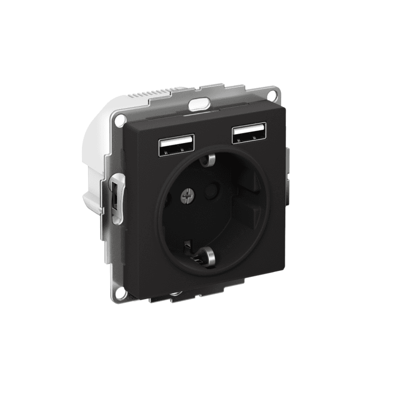 Розетка 1-м СП AtlasDesign 16А IP20 с 2-мя заряд. устройствами USB тип A+A 5В/2.4А 2х5В/1.2А механизм карбон SE ATN001030