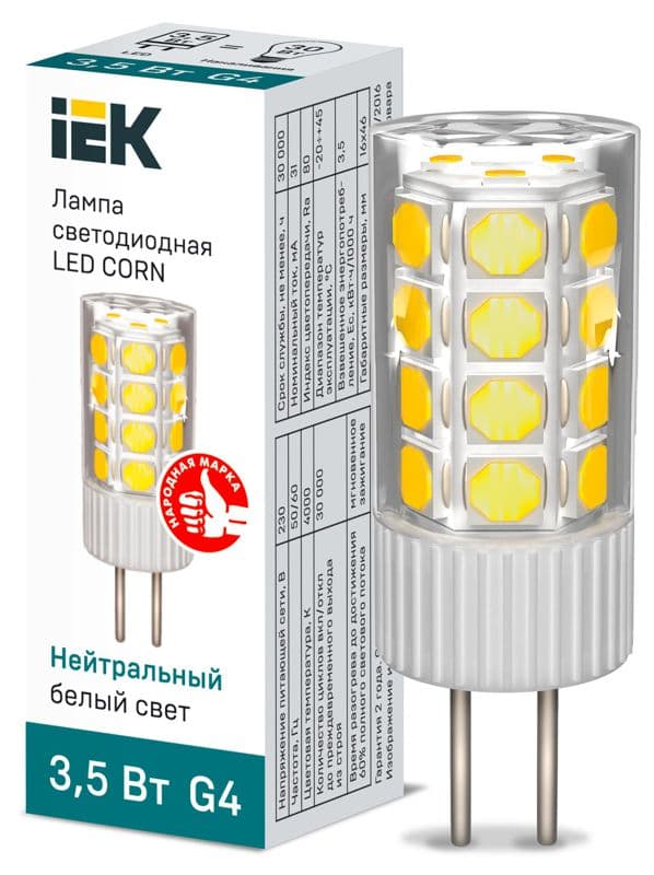 Лампа светодиодная Corn 3.5Вт капсульная 4000К нейтр. бел. G4 230В керамика IEK LLE-Corn-4-230-40-G4