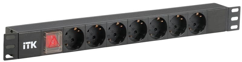 Блок розеток 7 мест PDU (немец. станд.) PH12-7D3 с выкл. и защитой от перенапр. 1U вход С14 ITK PH12-7D3